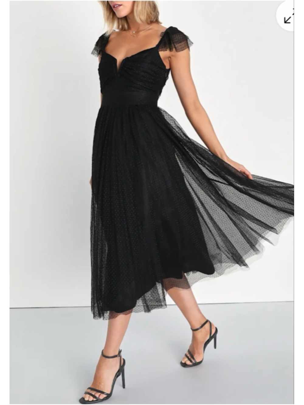 Lulus Black Tulle Flutter Sleeve Midi Dress A Line Ruched Bodice Size S